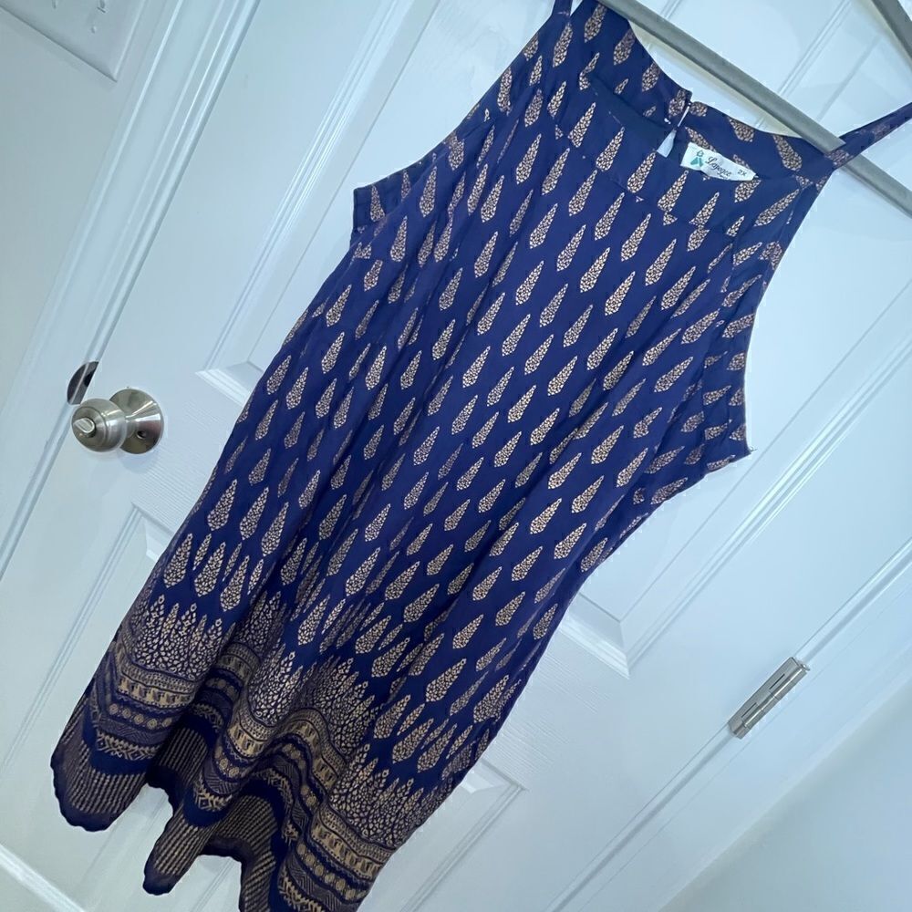 Lapagee sleeveless blue gold swing midi dress india 2X boho lined